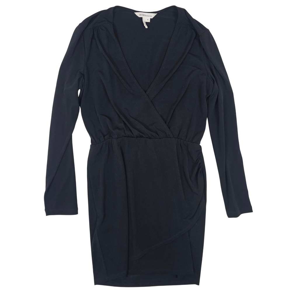 BCBGeneration Womens Black Long Sleeve Surplice‎ V-Neck Wrap Dress Size M